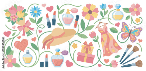 Feminine beauty fashion gift items create a delightful decorative pattern, perfect for celebrating special occasions and elegant themes.