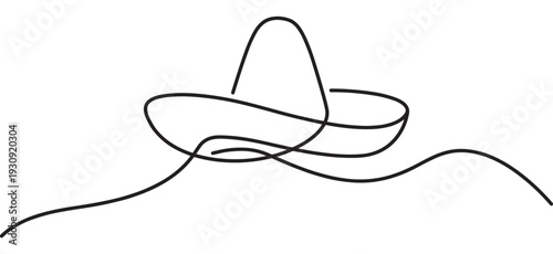 Sombrero hat minimalist continuous line art drawing capturing the essence of Mexican culture, celebration, and festive traditions.