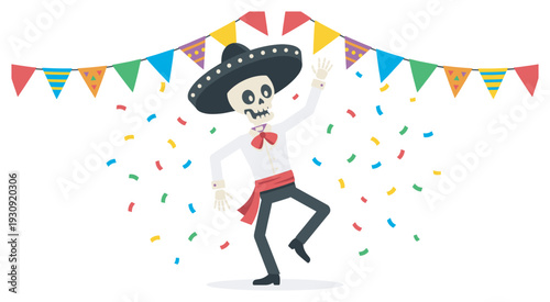 Cartoon skeleton wearing a sombrero dancing joyfully amidst a shower of colorful confetti and festive party banners.