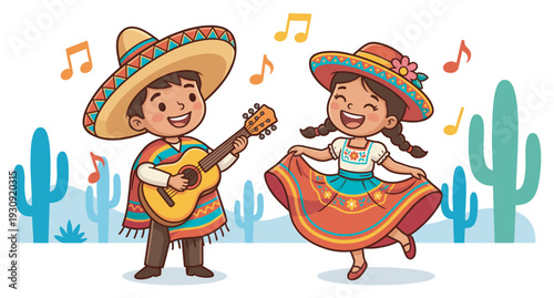 Two happy cartoon children celebrate Mexican culture with music and dance, dressed in traditional festive attire.