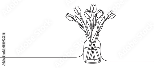 Continuous line drawing of a bouquet of tulips in a glass vase with water, symbolizing spring and minimalist beauty.