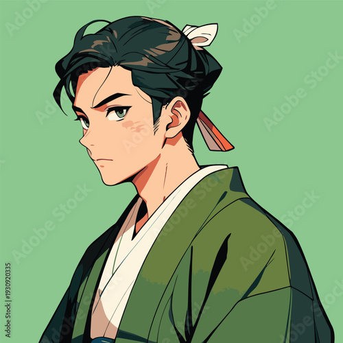 Flat vector illustration of a Japanese man wearing traditional Japanese clothes in Japanese anime style