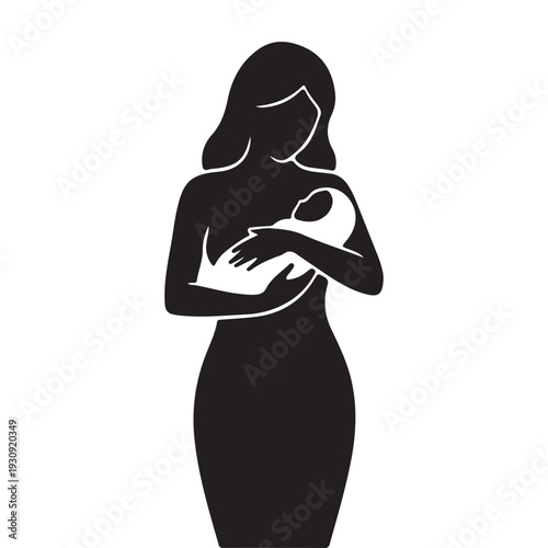 mother holding baby silhouette icon, motherhood maternity concept, maternal love symbol, minimal black vector illustration isolated for parenting design
