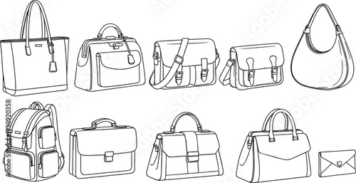 Set of fashion bag outlines featuring handbags backpacks briefcases and messenger bags for retail shop coloring page flat vector illustration