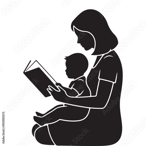 Mother Reading to Baby Silhouette Illustration, Early Childhood Learning Concept, Bedtime Story Parenting Graphic, Minimal Black White Vector for Nursery Poster