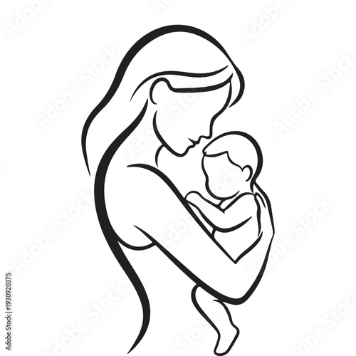 Mother holding baby line art icon, motherhood parenting concept, maternal love symbol, minimal outline vector illustration isolated for maternity logo design