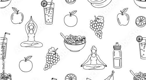 Healthy lifestyle elements fruits yoga and nutritious food patterns