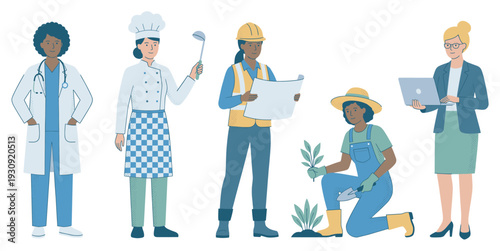 Diverse women professionals represent various essential occupations and career paths, showcasing empowerment, skill, and opportunity in modern society.