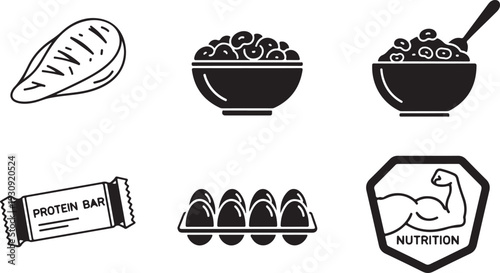 Black and white icons depicting healthy food and nutritional elements
