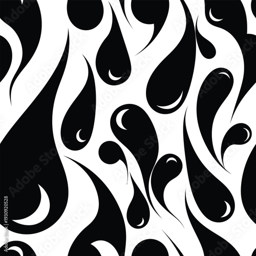 Black teardrop shapes on white background seamless pattern