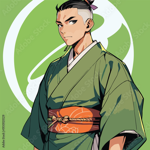 Flat vector illustration of a Japanese man wearing traditional Japanese clothes in Japanese anime style
