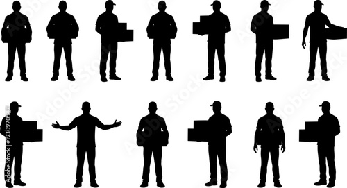 Black silhouette collection of professional delivery men and couriers holding cardboard boxes and parcels for logistics shipping and postal service isolated on white background