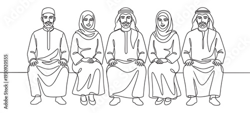Middle Eastern people sitting together smiling in traditional attire, depicted in a modern continuous line art style illustration.