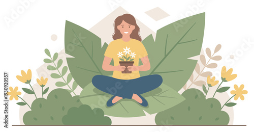 Woman holding potted plant with white flowers sitting peacefully amidst lush green foliage and blooming yellow blossoms, embracing nature's tranquility.
