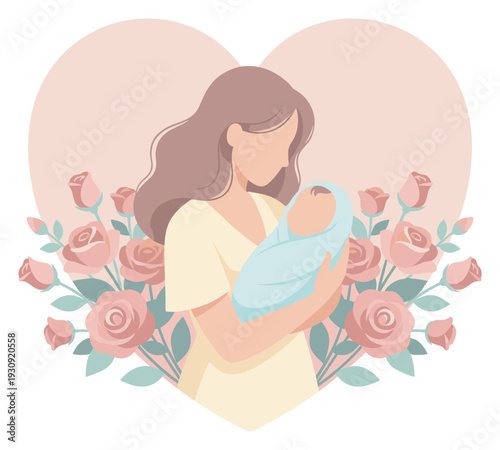 Mother gently holds her newborn baby surrounded by beautiful blooming roses and a loving heart shape, symbolizing maternal affection.