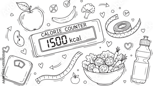 Line art illustration depicting healthy eating and calorie tracking concepts