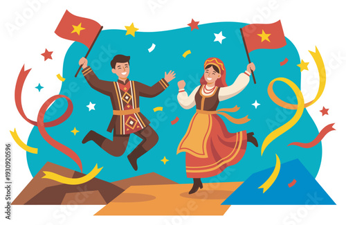 Cheerful man and woman wearing traditional attire jump with enthusiasm, waving flags and surrounded by festive confetti and ribbons.