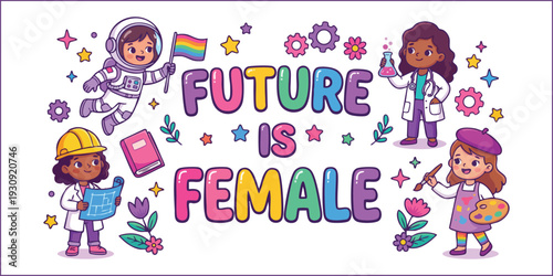 Future is Female Vector Concept: Diverse Young Girls in STEM and Creative Careers Cartoon Illustration.