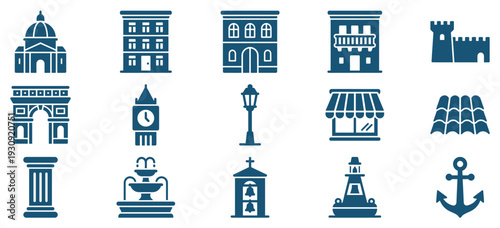 City and architectural icons representing various famous landmarks, urban elements, and travel destinations in a flat design style.