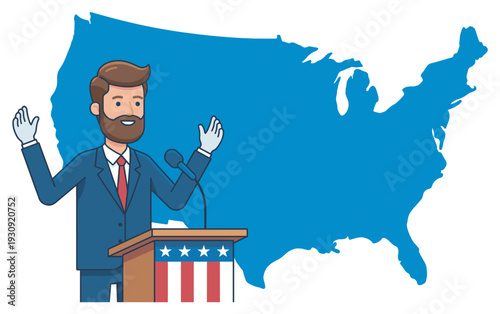 Bearded man politician delivers speech from podium with a microphone, gesturing with hands in front of a United States map.