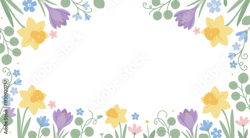 Spring flowers and leaves border creates a beautiful decorative frame for seasonal designs, cheerful greetings, and festive celebrations.