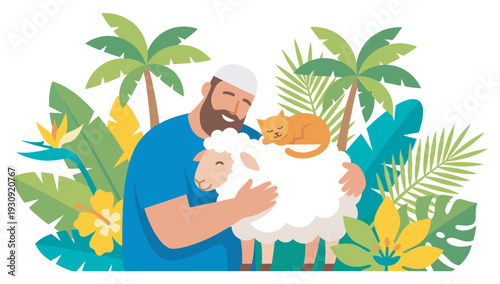 Man hugging sheep with sleeping cat peacefully surrounded by vibrant tropical plants and palm trees in a joyful illustration.