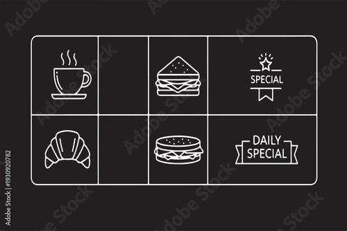 Minimalist icons depicting coffee sandwiches and daily specials on black