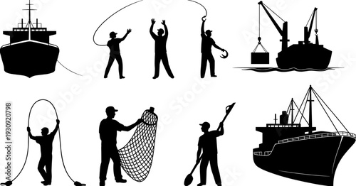 Set of maritime silhouettes featuring commercial fishing nets cargo ships and sailors working on industrial vessels for seafood industry flat vector