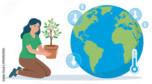 Young woman holding a potted plant next to the Earth globe with downward arrows symbolizing global temperature reduction.
