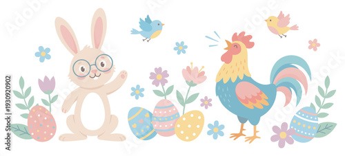 Cute Easter bunny rooster eggs birds flowers are depicted in a delightful cartoon illustration celebrating the arrival of springtime.