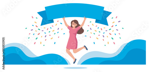 Happy young woman jumping holding blue banner with confetti celebrating success, achievement, and a significant accomplishment in her career.