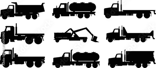 Black silhouette set of industrial construction and logistics trucks including dump trucks tanker vehicles and flatbed haulers isolated on white background for commercial design