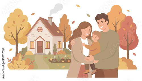 Happy family standing in front of their house, embracing the joyful spirit of a beautiful autumn day with colorful trees and falling leaves.