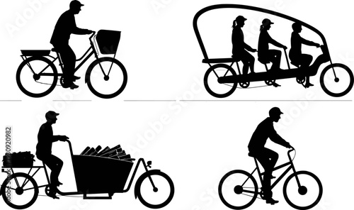 Black silhouette set of people riding different bicycles including electric cargo bike, family tandem cycle, classic city commuter, and delivery bicycle isolated on white background.