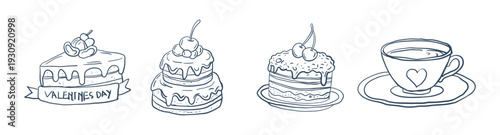 Hand drawn dessert and coffee illustration set with cake, cupcake and tea cup line art