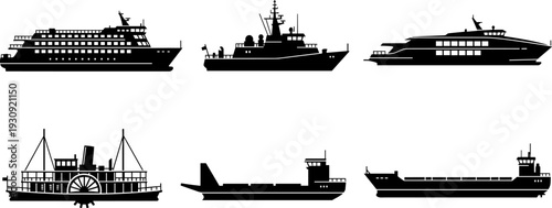 Large black silhouette collection featuring modern passenger ferry, luxury yacht, historic paddle steamer, military patrol boat, and industrial cargo transport vessels isolated on white background.