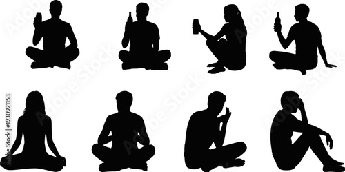 Set of people silhouettes sitting cross legged holding drinks and practicing meditation in various relaxed poses for lifestyle flat vectorSet of people silhouettes  