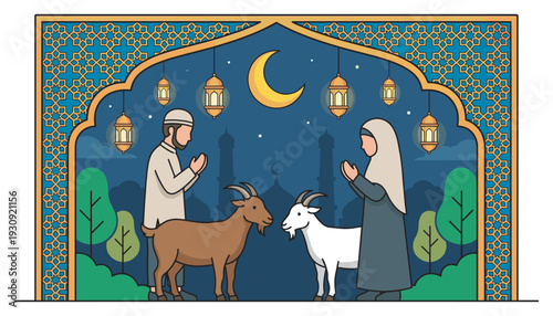 Muslim couple and goats celebrating Eid al-Adha festival with traditional lanterns, a crescent moon, and mosque silhouettes at night.