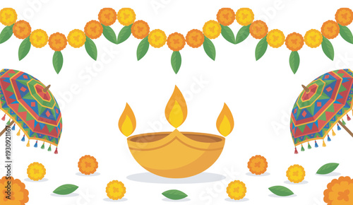 Traditional Indian festival elements including diya lamp, colorful umbrellas, and marigold flowers arranged in a festive illustration for celebration.