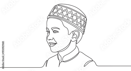 Young Muslim boy wearing a traditional cap smiles joyfully, depicted in a modern minimalist continuous line art drawing style.