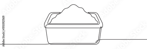 Continuous line drawing of a rectangular container filled with a mound of granular material, illustrating simplicity and form.