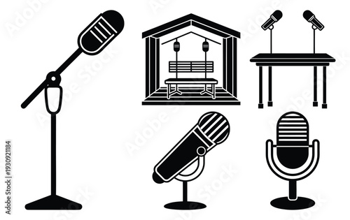 Podcast Studio Equipment Mockups - Vector Illustration of Microphones, Booth, and Table Setup for Audio Recording