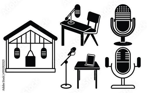 Podcast Studio Setup Mockup with Boxing Gym Elements - Vector Illustration