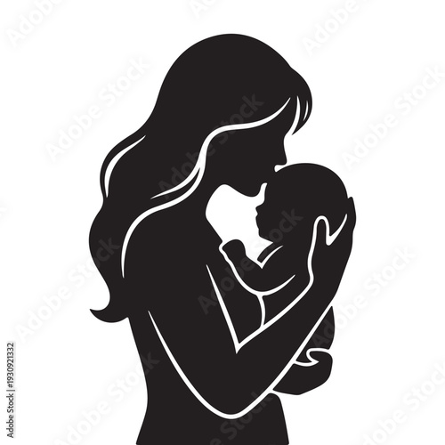 Mother hugging baby silhouette icon, maternal love and care symbol, parenting motherhood concept, minimal black vector illustration isolated for family branding and maternity design