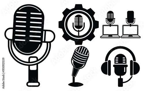 Podcast Equipment Collection: Microphones, Headphones, and Recording Setup Vector Illustration