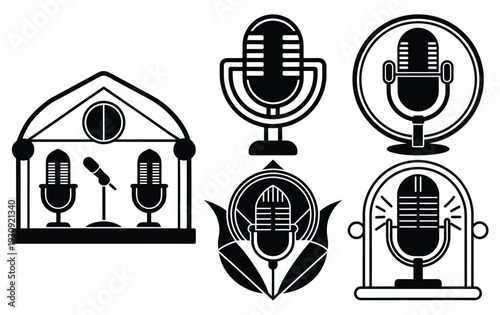 Vintage Microphone Collection for Podcast Broadcasting and Audio Recording, Retro Style Vector Illustration