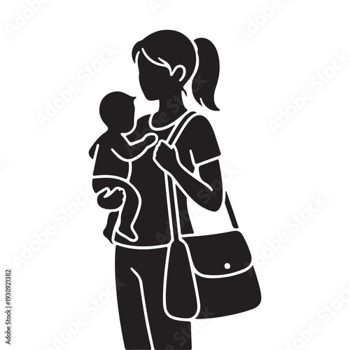 Working Mother Holding Baby Silhouette Vector, Modern Mom with Handbag Illustration, Career Woman and Infant Parenting Icon, Motherhood Balance Symbol
