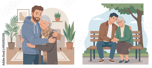 Man and elderly woman sharing a tender moment of comfort and support, illustrating intergenerational care and love.