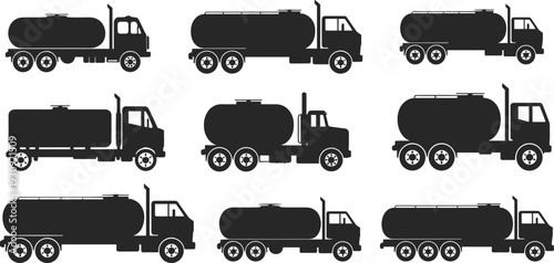 Set of black silhouettes featuring industrial fuel tanker trucks and chemical delivery vehicles for oil transportation and logistics isolated on white background for design