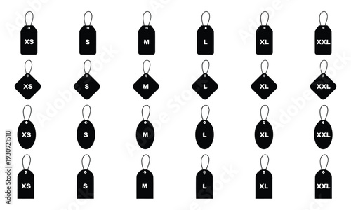 Assortment of clothing size tags in various shapes and styles, including XS, S, M, L, XL, XXL